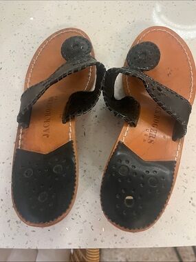 Jack Rogers Black Leather Navajo Sandals with Signature Medallion
